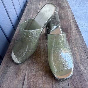 Jeffrey Campbell Petra Gold Glitter Block Heel 90s Jelly Mule Sz 8